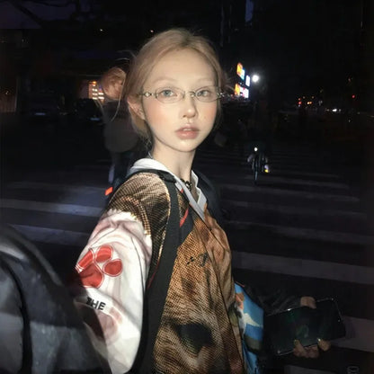 Cathy Dollette Japanese  Kitten Print Jersey  Vintage Harajuku V-neck Long Sleeve Cat TopAmerican Retro Streetwear 2000s