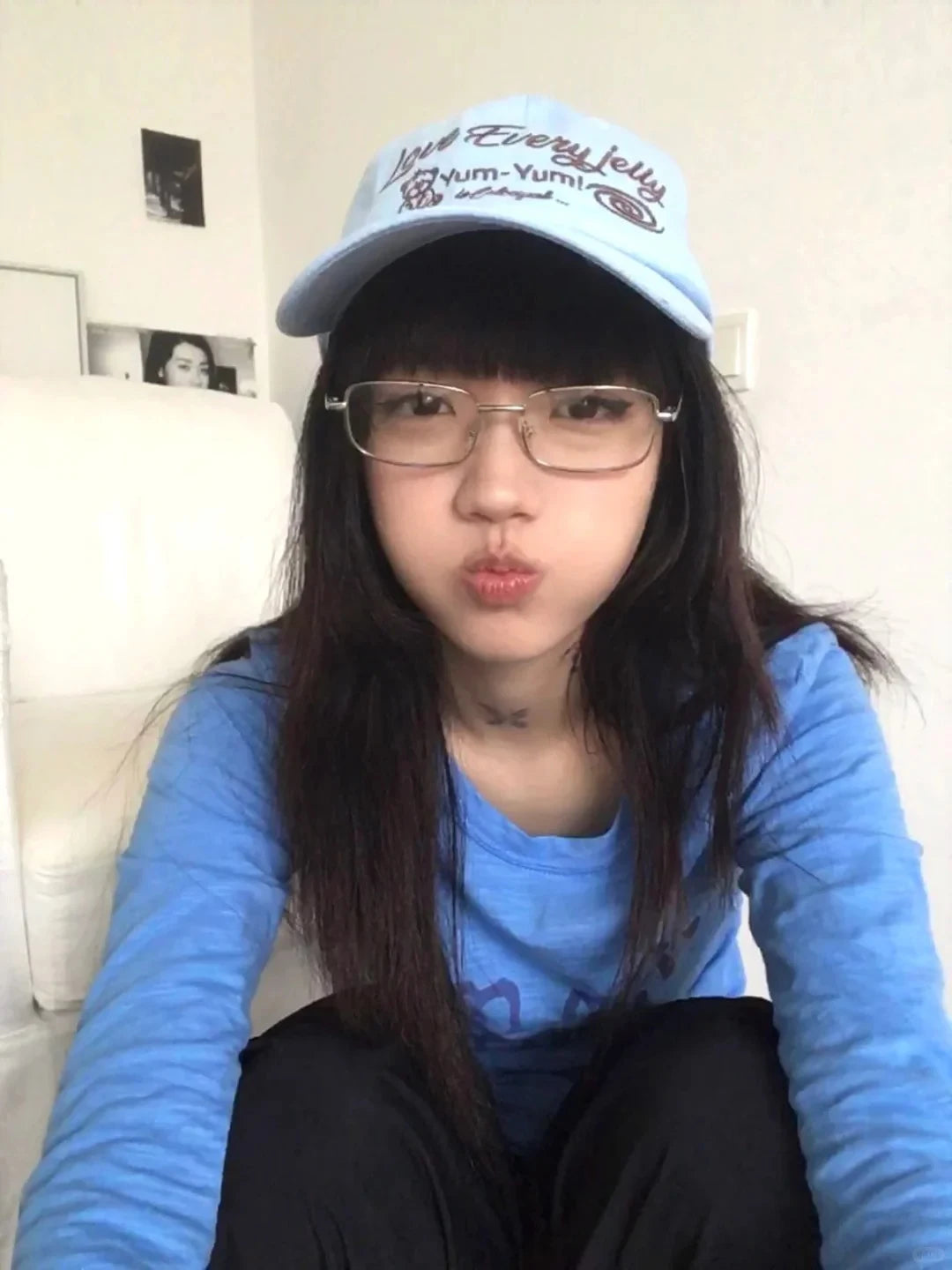 Cathy Dollette Harajuku Print Letter   Long Sleeve Blue Tee Top Grunge Top2000s Japanese Streetwear Tshirt