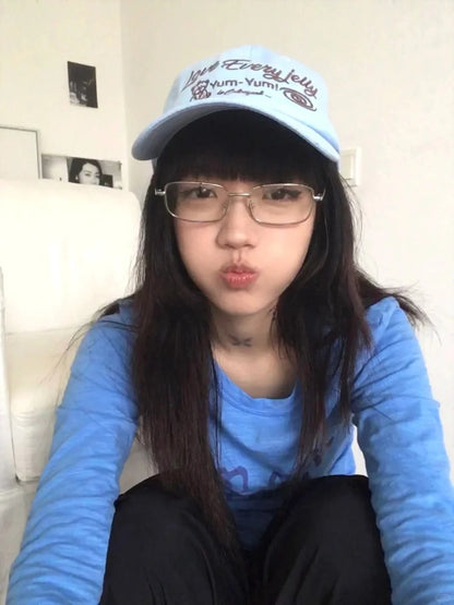 Cathy Dollette Harajuku Print Letter   Long Sleeve Blue Tee Top Grunge Top2000s Japanese Streetwear Tshirt