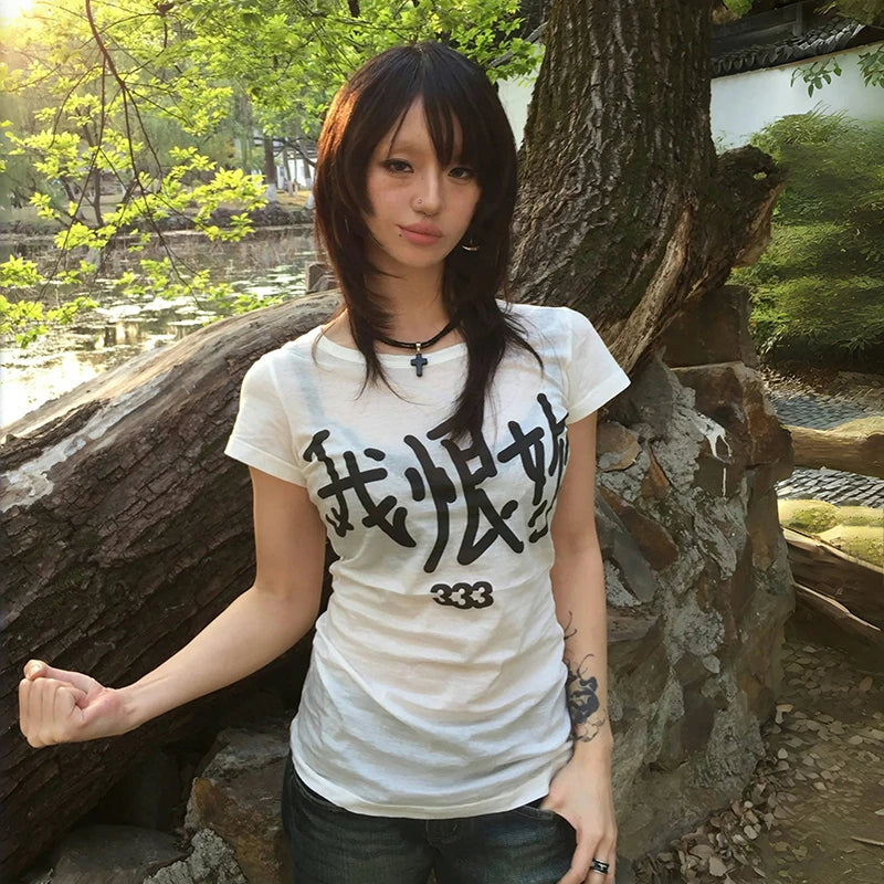 Cathy Dollette Japanese  Letter Print  Trashy 2000s Style Short Sleeve Tee Shirt Grunge s White Top Vintage Harajuku