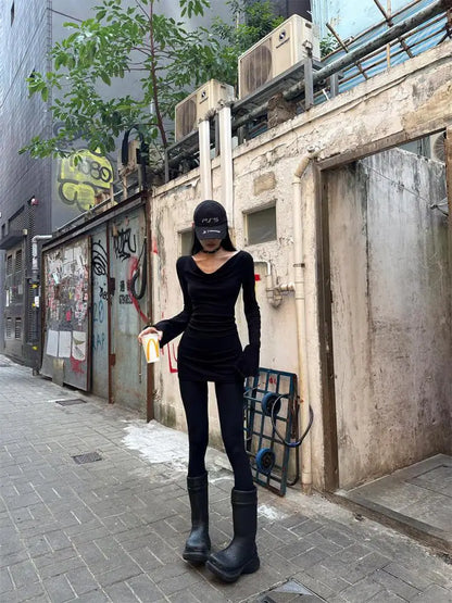 Cathy Dollette Black Slim Sexy Mini Dress  Long Sleeve Autumn Off Shoulder Korean Fashion 2000s  Clothes Party Dresses Chic