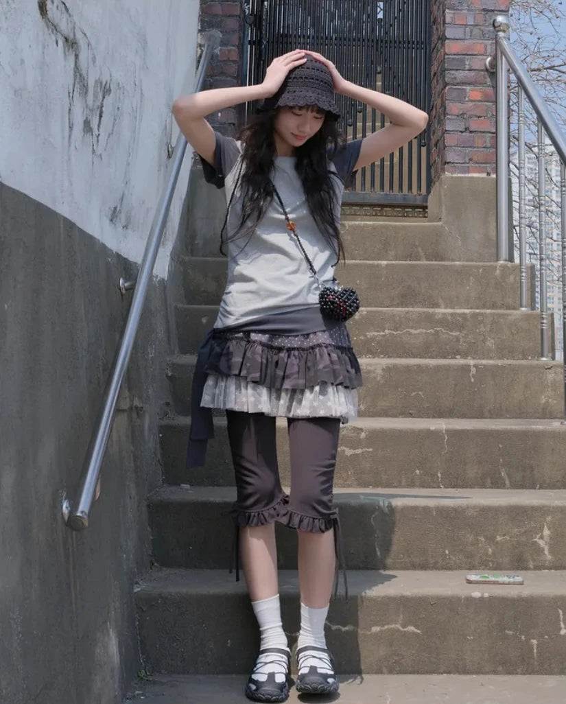Cathy Dollette Korean Style Skirt  Patchwork Tie Dye Mini Skirt A-line  Vintage Tutu Skirt Lace 2000s Japanese Streetwear