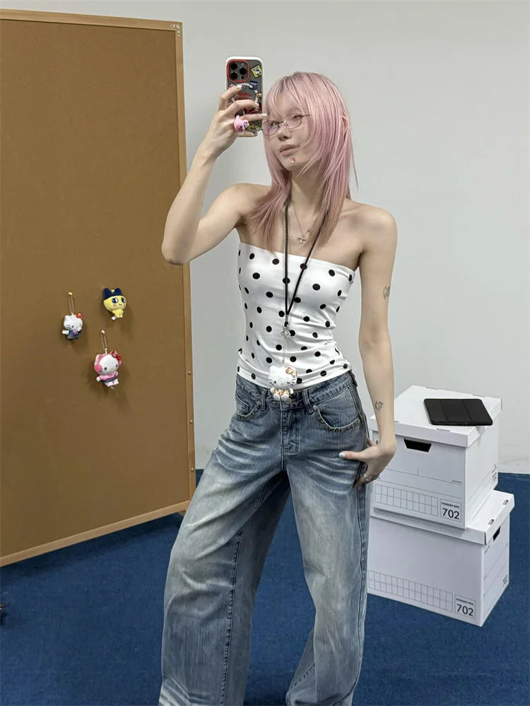 Cathy Dollette Hotsweet Polka Dot Corset Sexy TopSummer Korean Fashion Slim Sleeveless Tank TopYouthful Woman Clothes 2000s