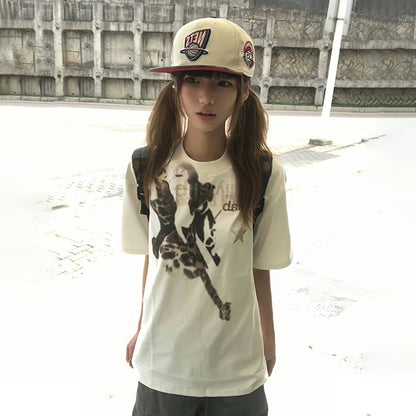 Cathy Dollette Japanese  Graffiti Print  Trashy 2000s Style Short Sleeve T Shirt Vintage Harajuku Loose Tee Shirt American