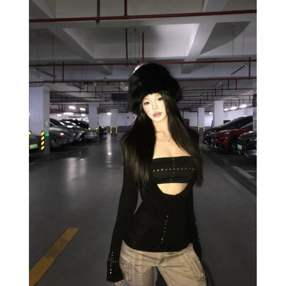 Cathy Dollette  Punk Two Pieces TopIrreugal Rivet Top+ Sleeveless Tank Streetwear Americal Retro 90s Black Tee TopE-girls