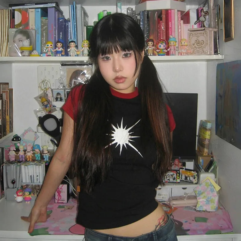 Cathy Dollette Japanese  Patchwork  Vintage Harajuku Short Sleeve Tee Shirt Trashy 2000s Style Crop Top American Retro 90s