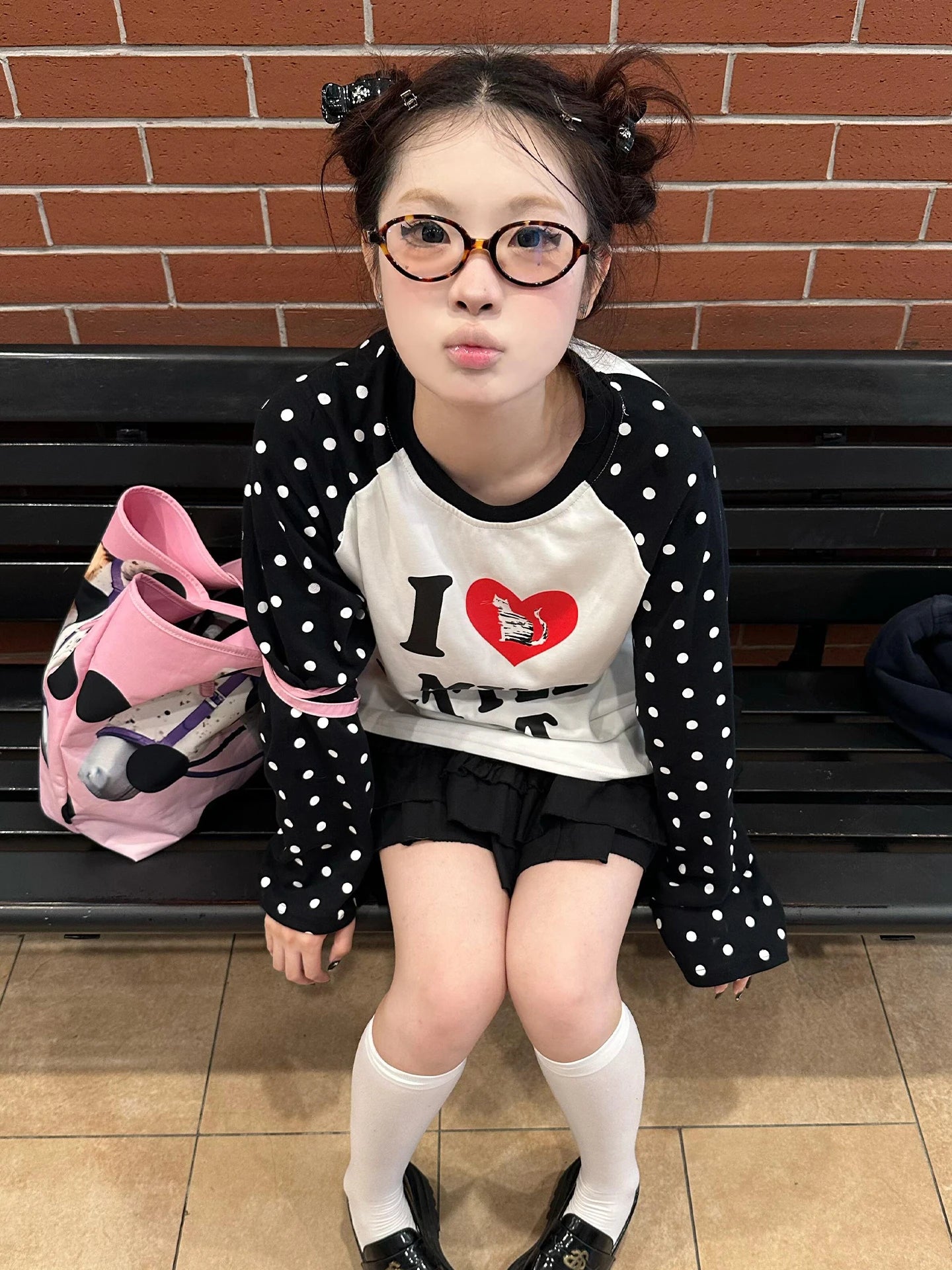 Cathy Dollette Harajuku Print Graphic TopLoose Casual   Dot Patchwork  Grunge TopAmerican Retro Streetwear