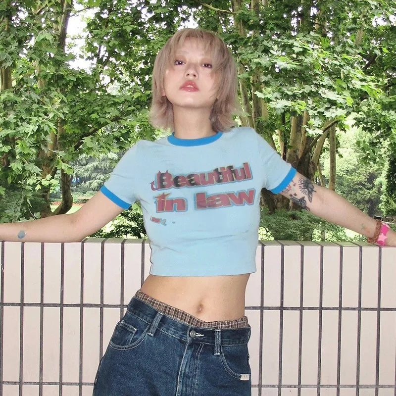 Cathy Dollette Japanese  Letter Print  Vintage Harajuku Patchwork Crop Top 2000s Style Short Sleeve Tee Shirt American Retro