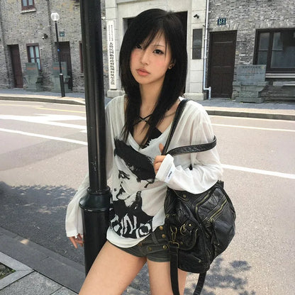 Cathy Dollette Japanese  Graffiti Print TopTrashy 2000s Oversized  High Street Grunge Lazy Style Streetwear American Retro
