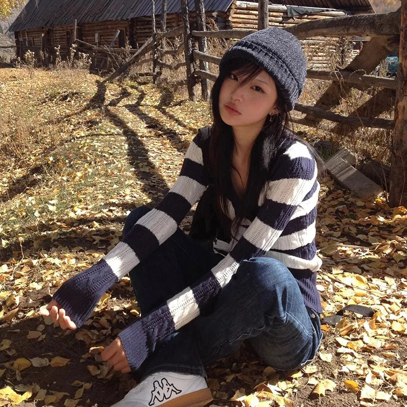 Cathy Dollette Japanese  V-neck Striped Sweater Vintage Harajuku Knit Slim Pullovers Korean Style Winter Knitwear 2000s s