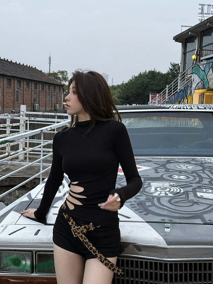 Cathy Dollette Sexy Hollow Out T Shirt  Long Sleeve Slim 2000s Clothes  Autumn TopBlack Tees Female Clothing Skinny