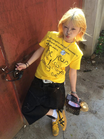 Cathy Dollette Vintage Print Letter   Short Sleeve Slim  Japanese Tee Top 2000s  Grunge Tops