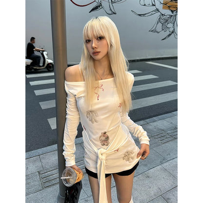 Cathy Dollette  Print Graphic T Shirts Long Sleeve Lace Up Japanese Style Spring Top Kawaii Tees Female Clothing Chic