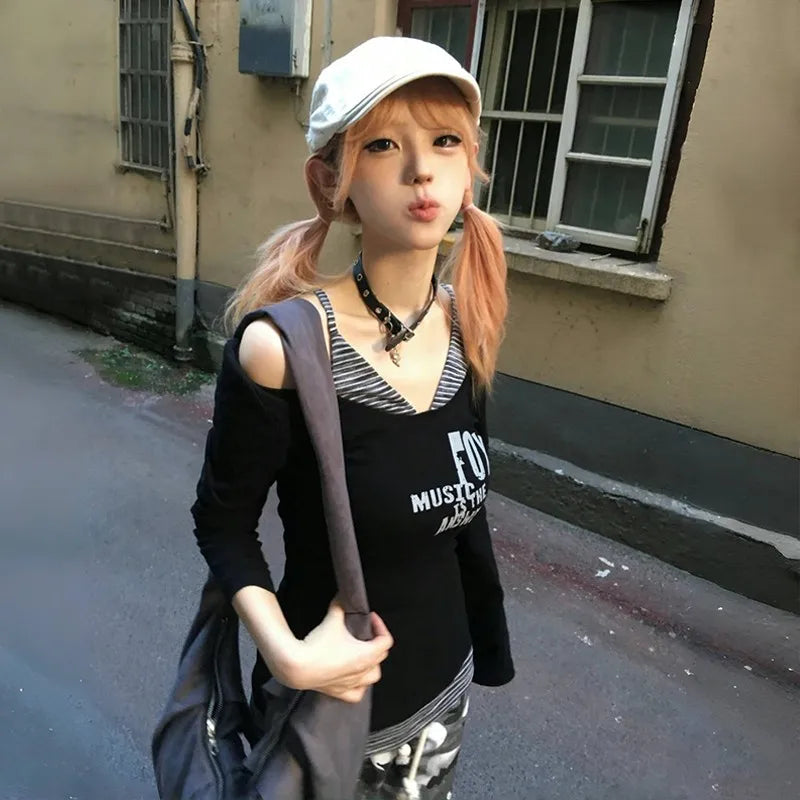 Cathy Dollette Japanese  Fake Two-piece TopTrashy 2000s Off Shoulder  Vintage Harajuku Long Sleeve T Shirts Grunge Gothic