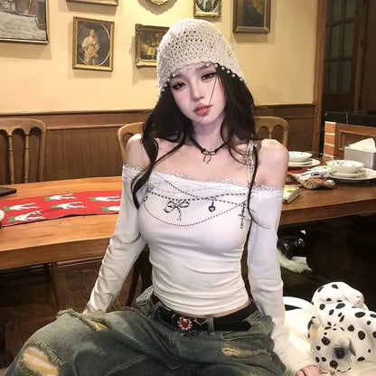 Cathy Dollette Vintage Print T Shirt  Skinny Long Sleeve Graphic Top  Aesthethic Crop TopOff Shoulder Tshirts