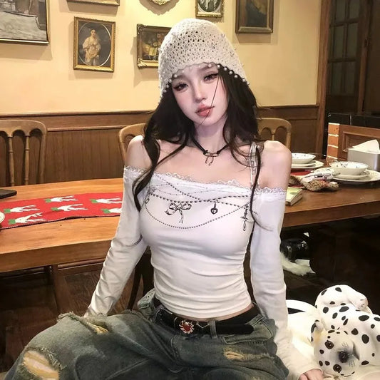 Cathy Dollette Vintage Print T Shirt  Skinny Long Sleeve Graphic Top  Aesthethic Crop TopOff Shoulder Tshirts