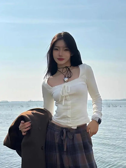 Cathy Dollette Hotsweet Square Collar 's  Long Sleeve Korean Fashion 2000s Clothes  Autumn TopTees Female Clothing