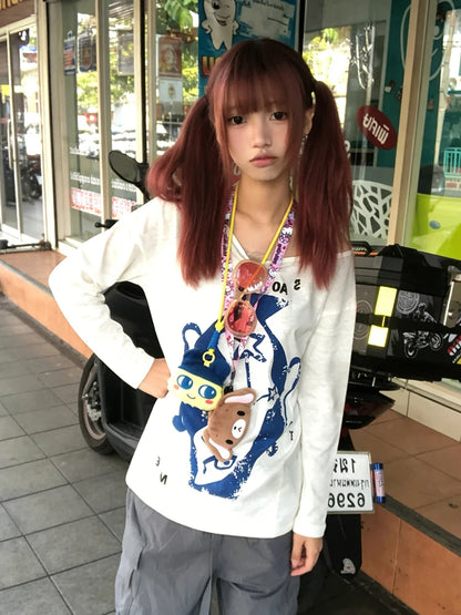 Cathy Dollette Japanese 2000s Print Graphic TopLong Sleeve  Vintage Tshirts  Casual Loose Tee TopE-girls American Retro