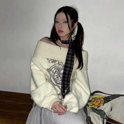 Cathy Dollette Japanese  Embroidered Pullover Vintage Harajuku Thick Knitted Sweater Retro 2000s Style Knitwears Korean Fashion 90s