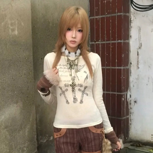 Cathy Dollette Japanese  Anime Print Knitted TopVintage Harajuku Long Sleeve Knit  2000s s Knitwear American Retro