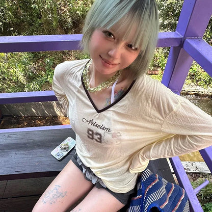 Cathy Dollette Japanese  Sheer TopVintage 2000s Style See Through  Harajuku s Letter Print V-neck Top American 90s