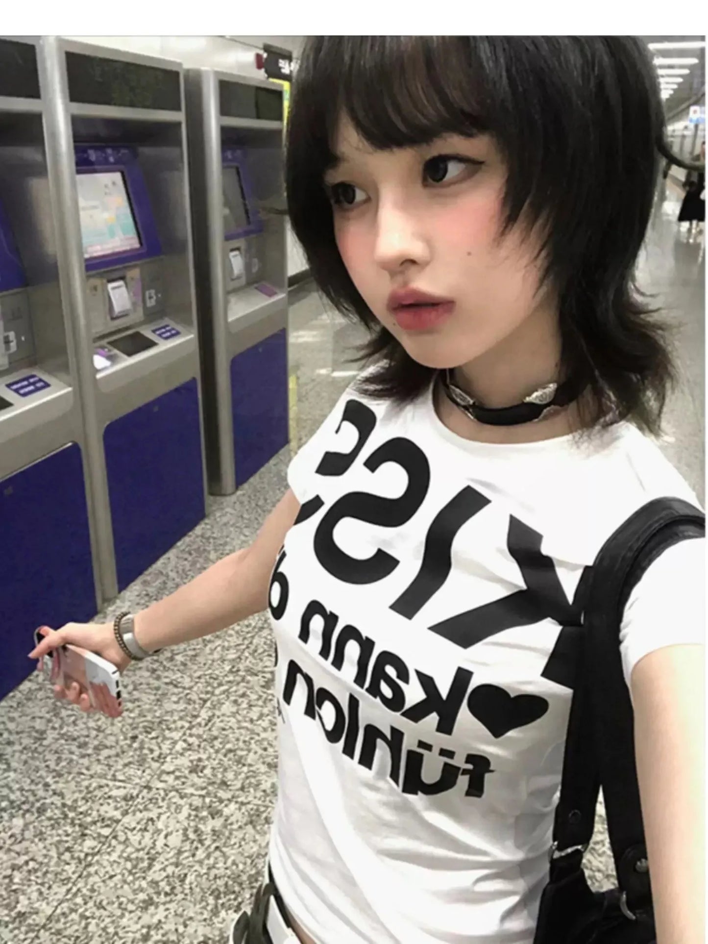 Cathy Dollette  Print Letter T Shirt  Skinny Short Sleeve Japanese 2000s Crop TopGrunge TopAmerican Retro Tshirts