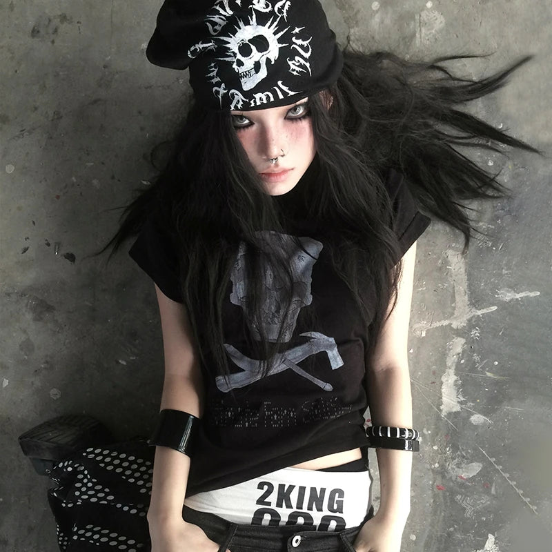 Cathy Dollette Grunge s Skull Print  Trashy 2000s Style Crop TopJapanese  Short Sleeve Tee Shirt Gothic Punk 90s