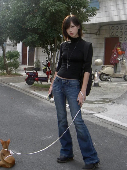 Cathy Dollette  Japanese   Long Sleeve Black Half Turtleneck Tee TopVintage Classic Style Slim Basic Top