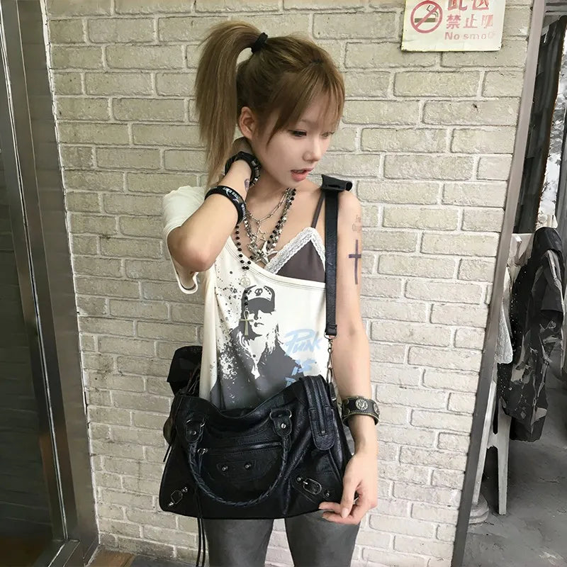 Cathy Dollette  Grunge s Fake Two-piece  Trashy  Graffiti Print T Shirt Vintage Harajuku Irregular Patchwork Top90s