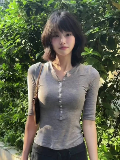 Cathy Dollette Hotsweet Solid Button  Half Sleeve Slim Summer Short Sleeve Korean Fashion 2000s Clothes  Chic Tees Woman
