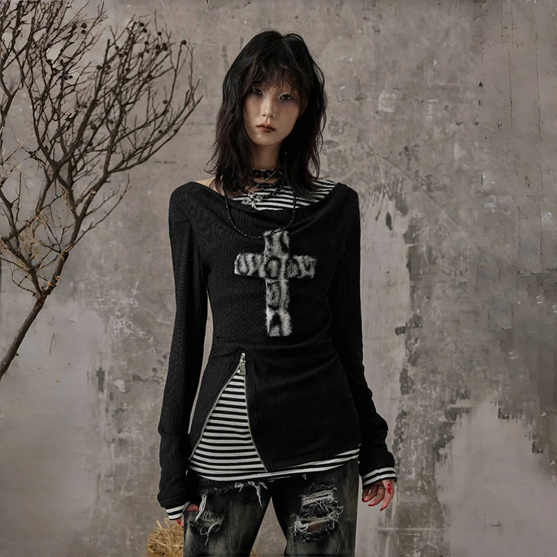 Cathy Dollette Grunge s Fake Two-piece TopTrashy  Long Sleeve Knitted TopWasteland Punk Patchwork TopGothic Vintage