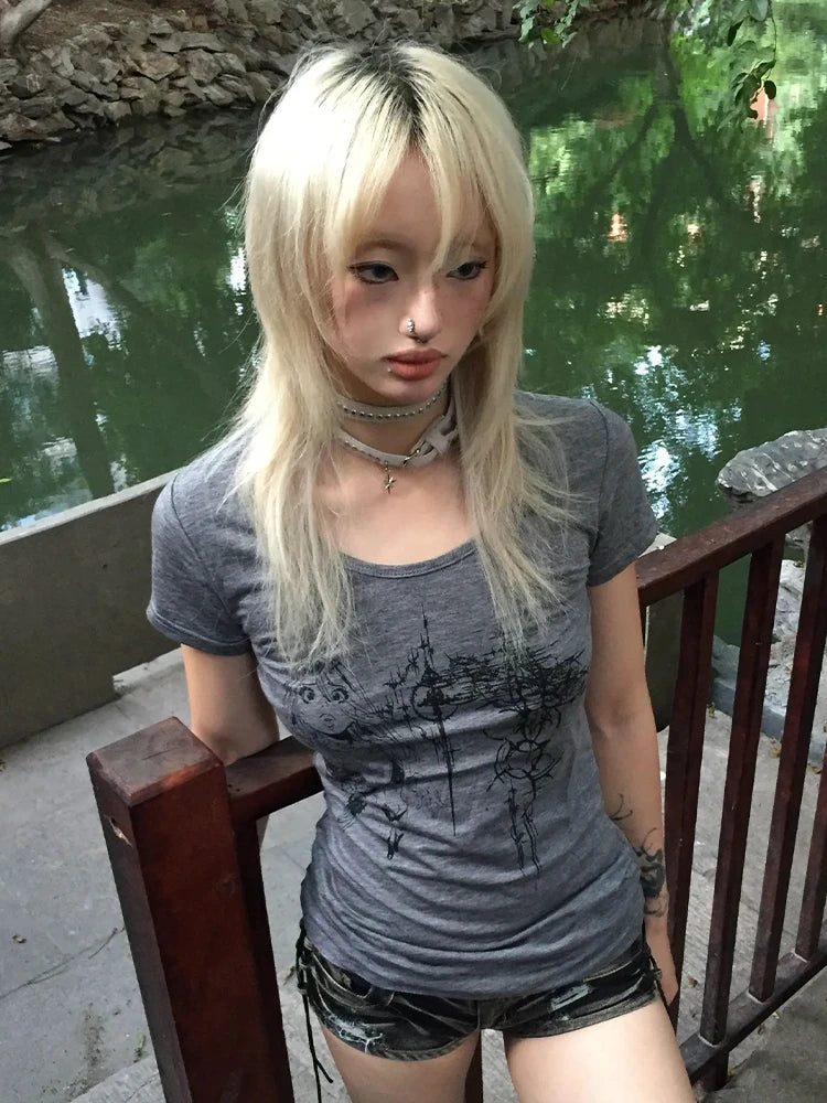 Cathy Dollette Japanese  Anime Tattoo Print  Trashy 2000s Style Short Sleeve T Shirt Vintage Harajuku Streetwear Grunge Retro