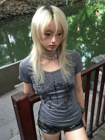 Cathy Dollette Japanese  Anime Tattoo Print  Trashy 2000s Style Short Sleeve T Shirt Vintage Harajuku Streetwear Grunge Retro