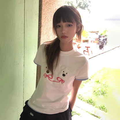 Cathy Dollette Japanese  Puppy Embroidery  Kawaii 2000s Style Fake Two-piece TopVintage Harajuku Short Sleeve Tee Shirt 90s