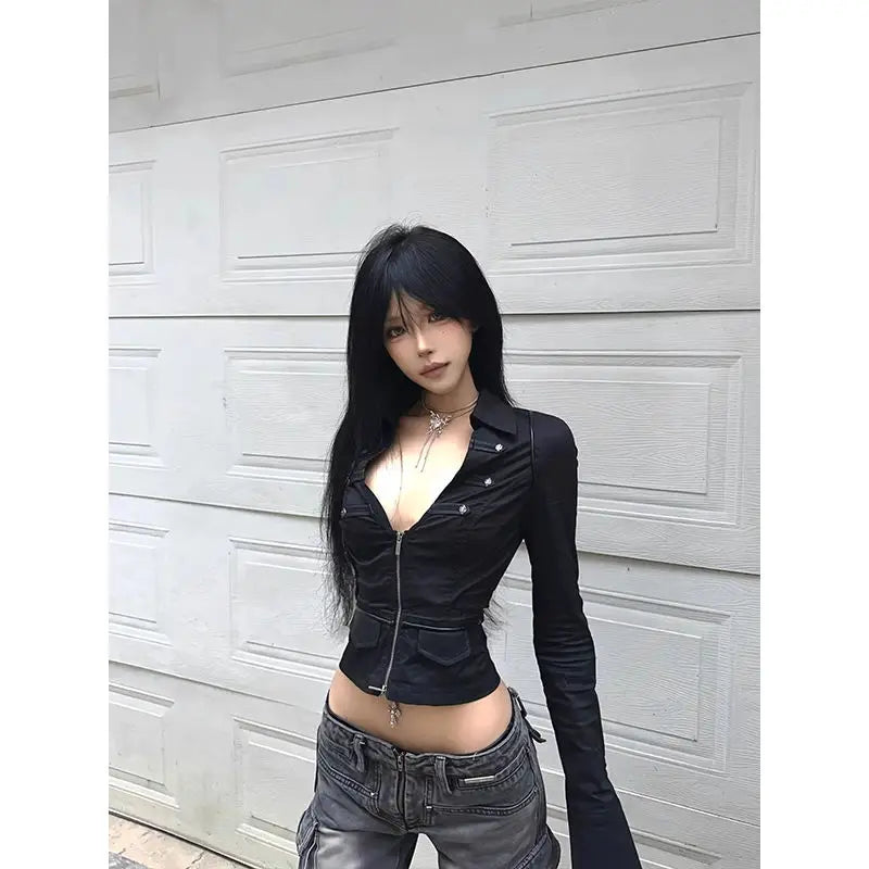 Cathy Dollette Black Gothic 's Shirt Long Sleeve Autumn TopTurn-down Collar Vintage Slim 2000s  Blouse Hippop Retro Chic