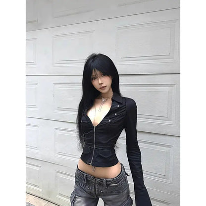 Cathy Dollette Black Gothic 's Shirt Long Sleeve Autumn TopTurn-down Collar Vintage Slim 2000s  Blouse Hippop Retro Chic