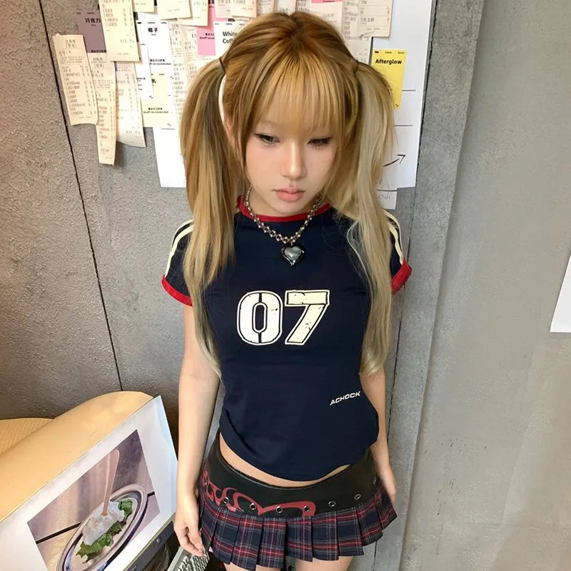 Cathy Dollette Japanese  T Shirt Vintage Harajuku Short Sleeve Patchwork TopAmerican Retro Jersey  2000s Grunge s