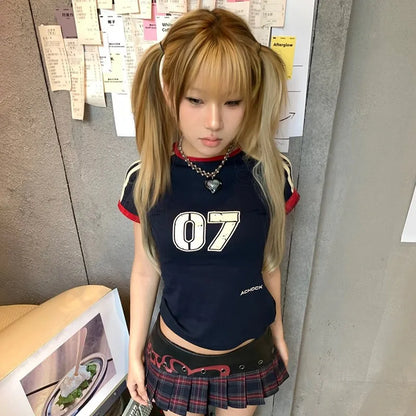 Cathy Dollette Japanese  T Shirt Vintage Harajuku Short Sleeve Patchwork TopAmerican Retro Jersey  2000s Grunge s