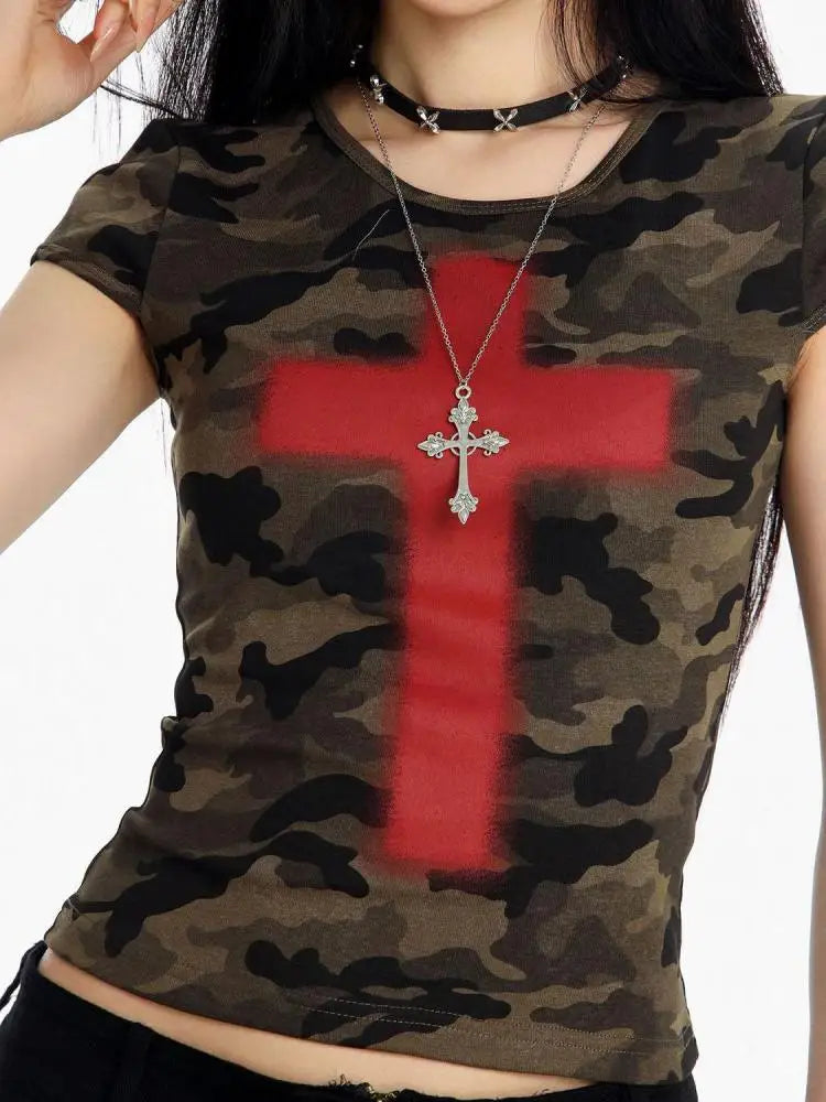 Cathy Dollette Camouflage Cross Graphic T Shirts Woman Clothing Short Sleeve Slim Korean Fashion 2000s Clothes  Print Summer Tops