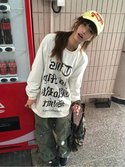 Cathy Dollette Japanese    Casual Loose Print Letter Graphic TopStrretwear American Retro  Grunge Top Tee