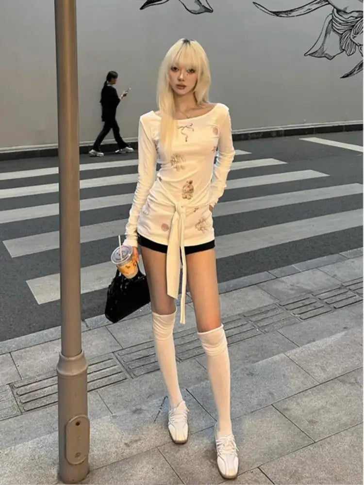 Cathy Dollette  Print Graphic T Shirts Long Sleeve Lace Up Japanese Style Spring Top Kawaii Tees Female Clothing Chic