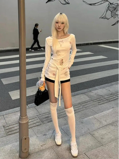 Cathy Dollette  Print Graphic T Shirts Long Sleeve Lace Up Japanese Style Spring Top Kawaii Tees Female Clothing Chic