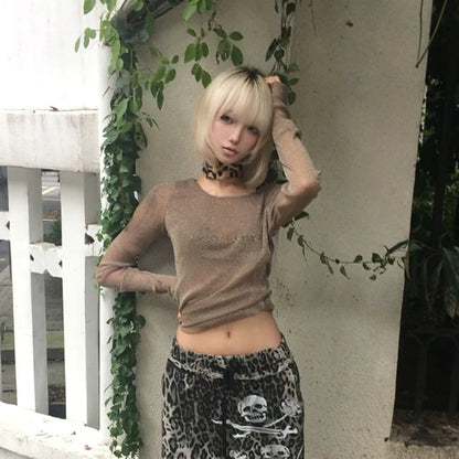 Cathy Dollette Brown glitter See Through Mesh Top