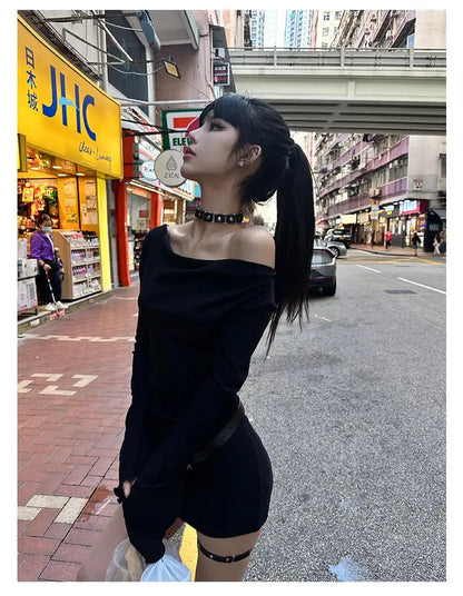 Cathy Dollette Black Slim Sexy Mini Dress  Long Sleeve Autumn Off Shoulder Korean Fashion 2000s  Clothes Party Dresses Chic