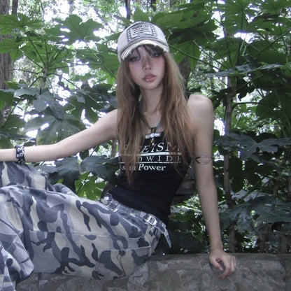 Cathy Dollette Grunge s Letter Print Tank Top Trashy 2000s Style Distressed Crop Top Japanese  Black Tanktop American Retro