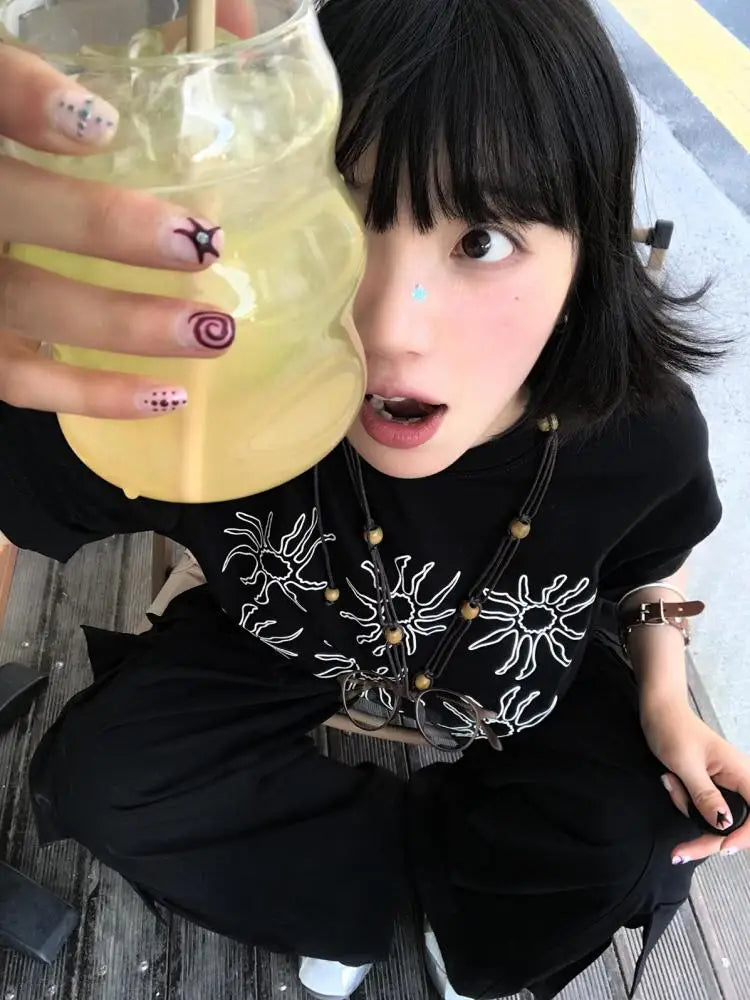 Cathy Dollette Streetwear Black Graphic T Shirts Short Sleeve Cotton Tees Female Clothing 2000s Clothes  Loose Korean Fashion Summer