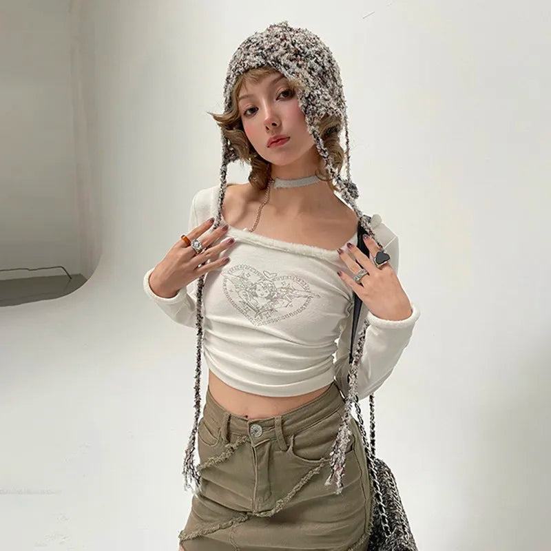 Cathy Dollette Fairycore Patchwork TopKawaii Angel Print T Shirt Japanese Harajuku Cute Crop Top s Clothes E-girl 2000s