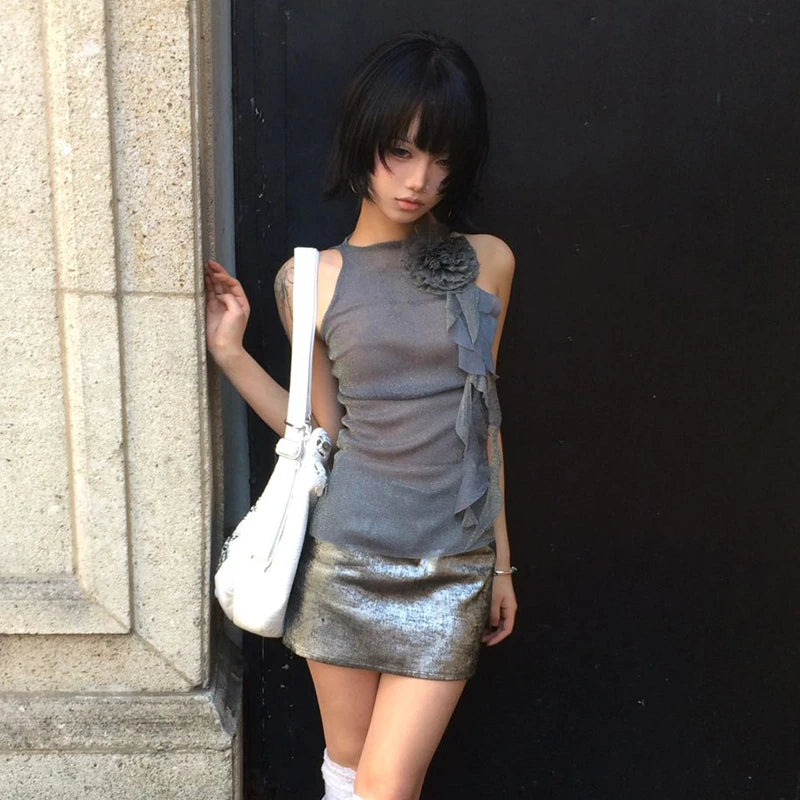 Cathy Dollette Japanese  Mesh Tank Top Trashy 2000s Style Sleeveless TopVintage Harajuku Flower Irregular Tanktop Fairy s