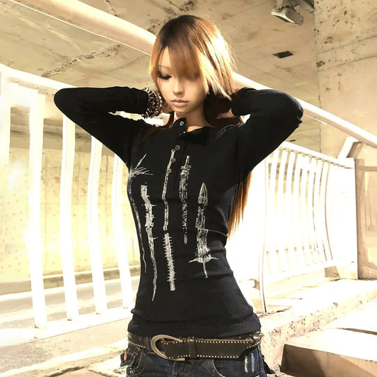 Cathy Dollette Grunge s Tattoo Print Knitted TopTrashy  Long Sleeve Knit  Vintage Gothic Button Top American Retro