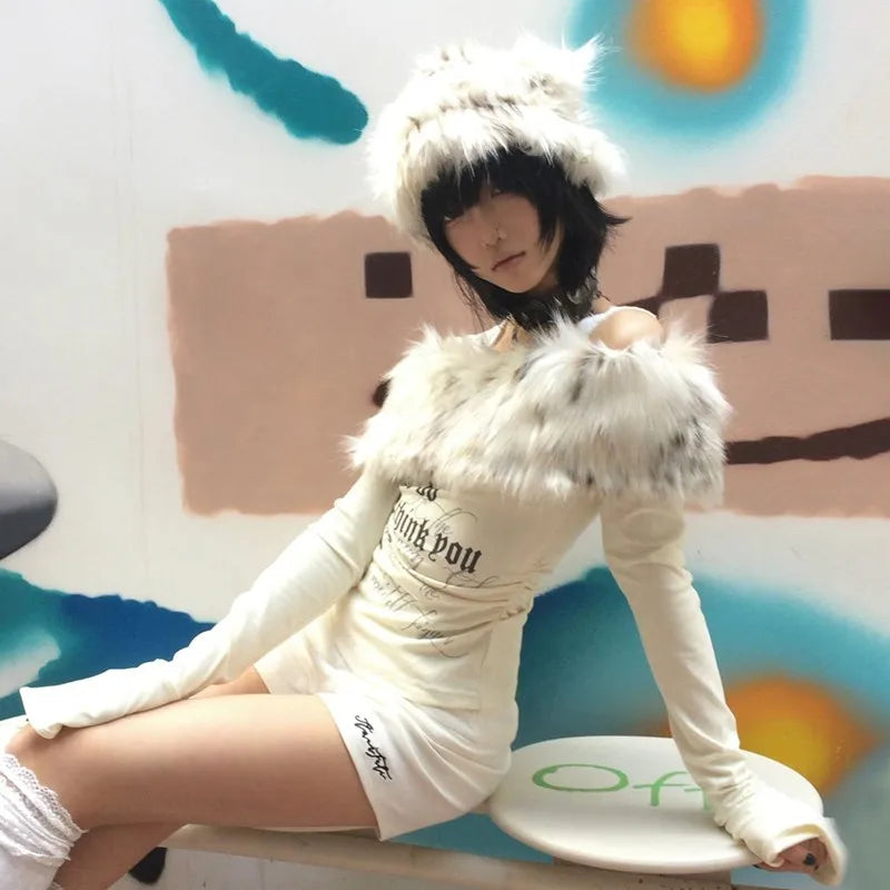 Cathy Dollette Japanese  Fur Collar Top2000s s Off Shoulder Knit TopVintage Harajuku Letter Print Long Sleeve